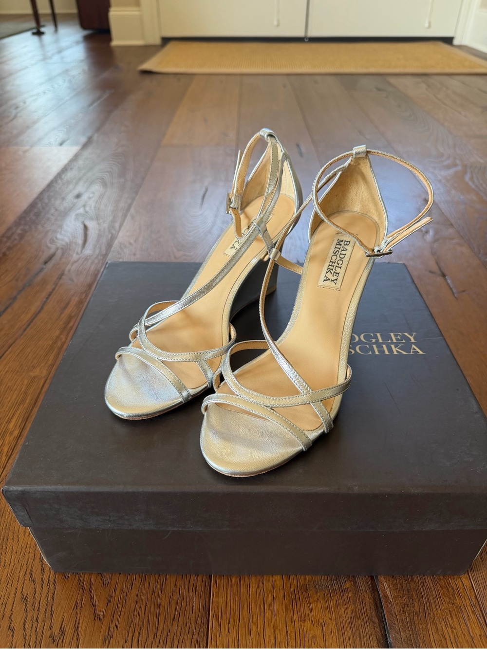 Badgley Mischka Silver Metallic Strappy Wedges